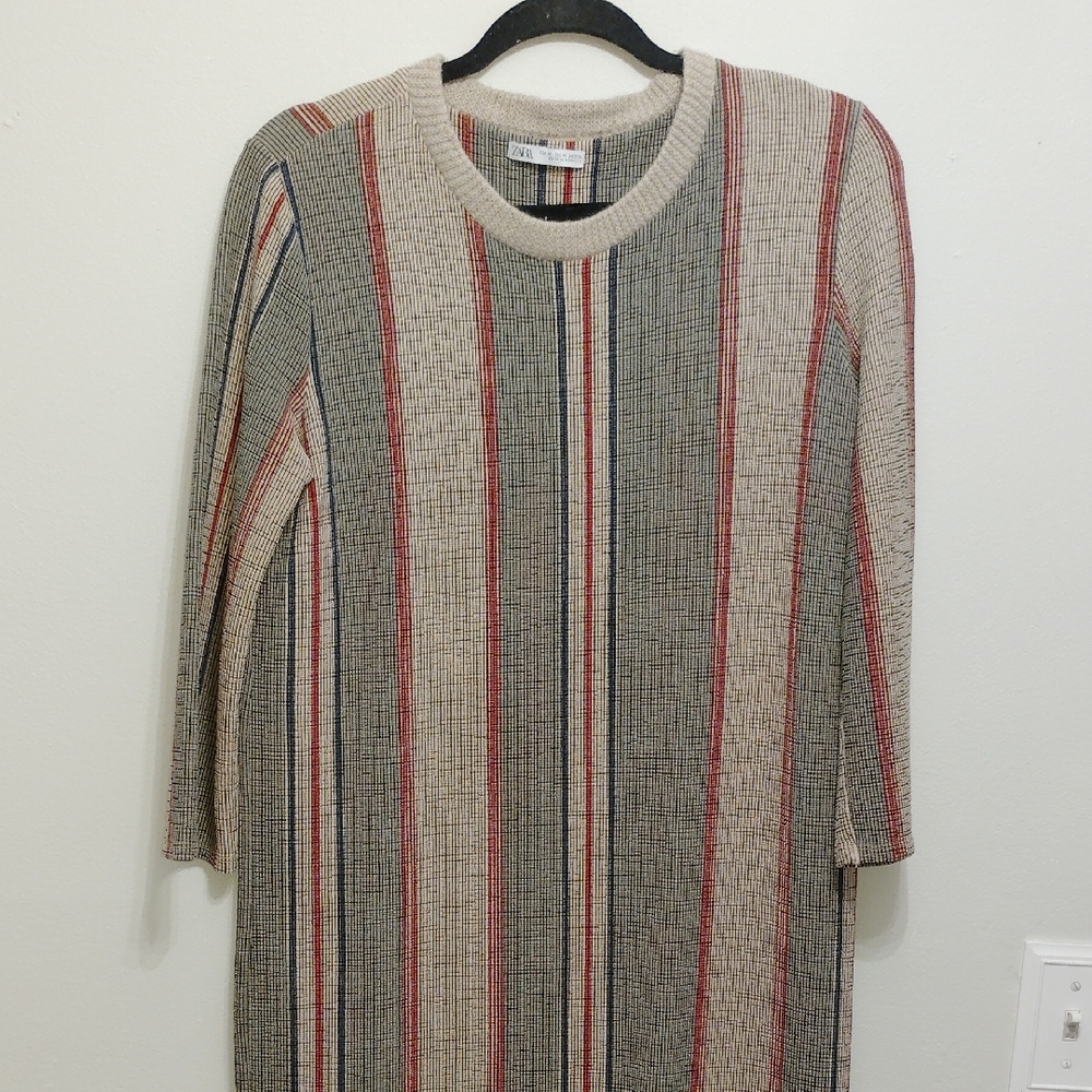 Zara Striped Long Sleeve Knit Dress With 3/4 Sleeves